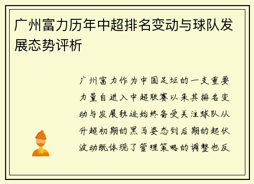 广州富力历年中超排名变动与球队发展态势评析